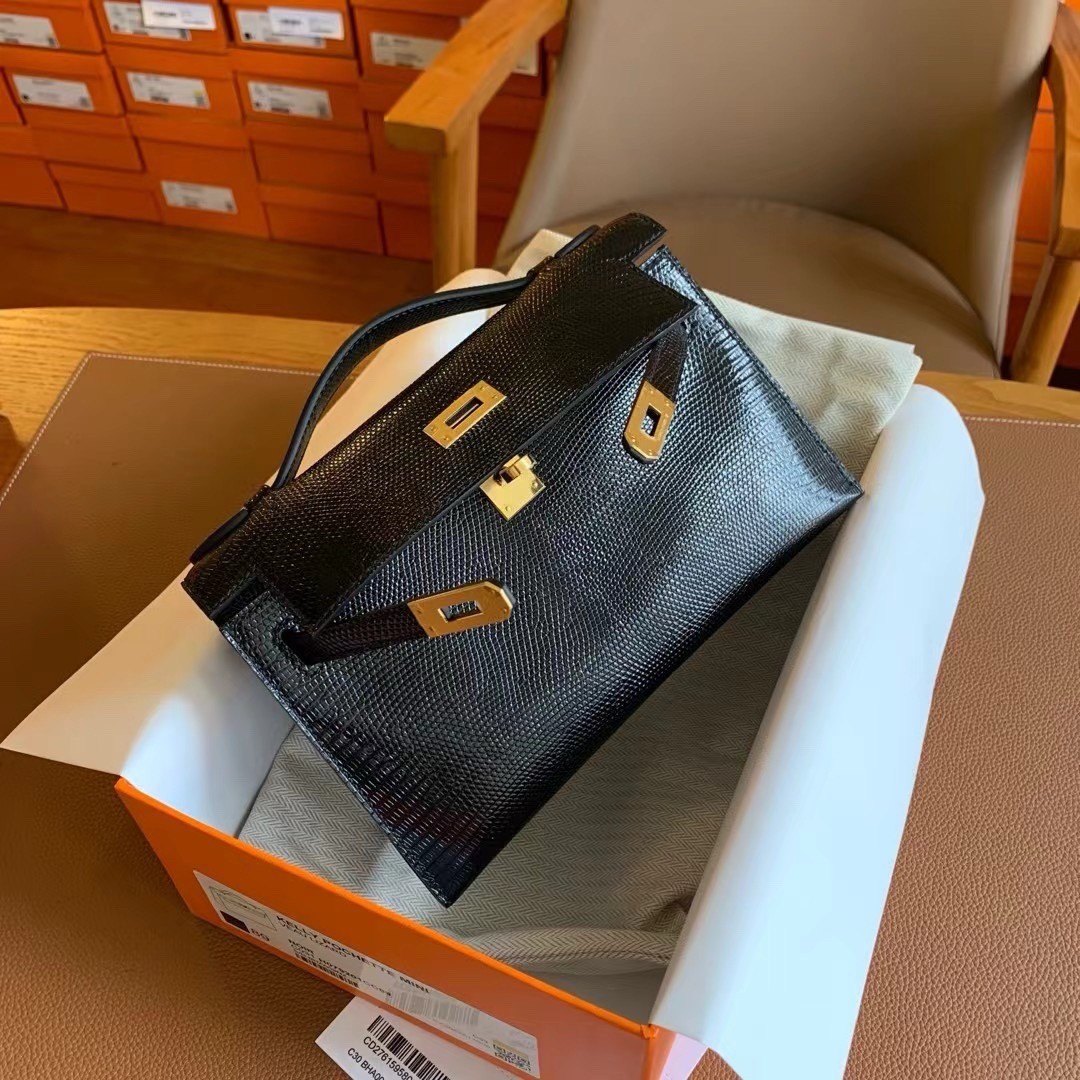 H**mes kelly pochette handmade bag in black lizard skin