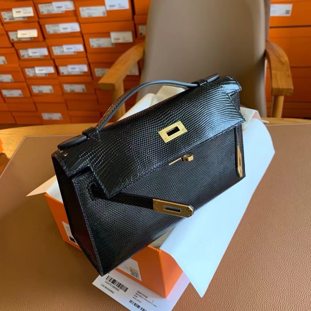 H**mes kelly pochette handmade bag in black lizard skin