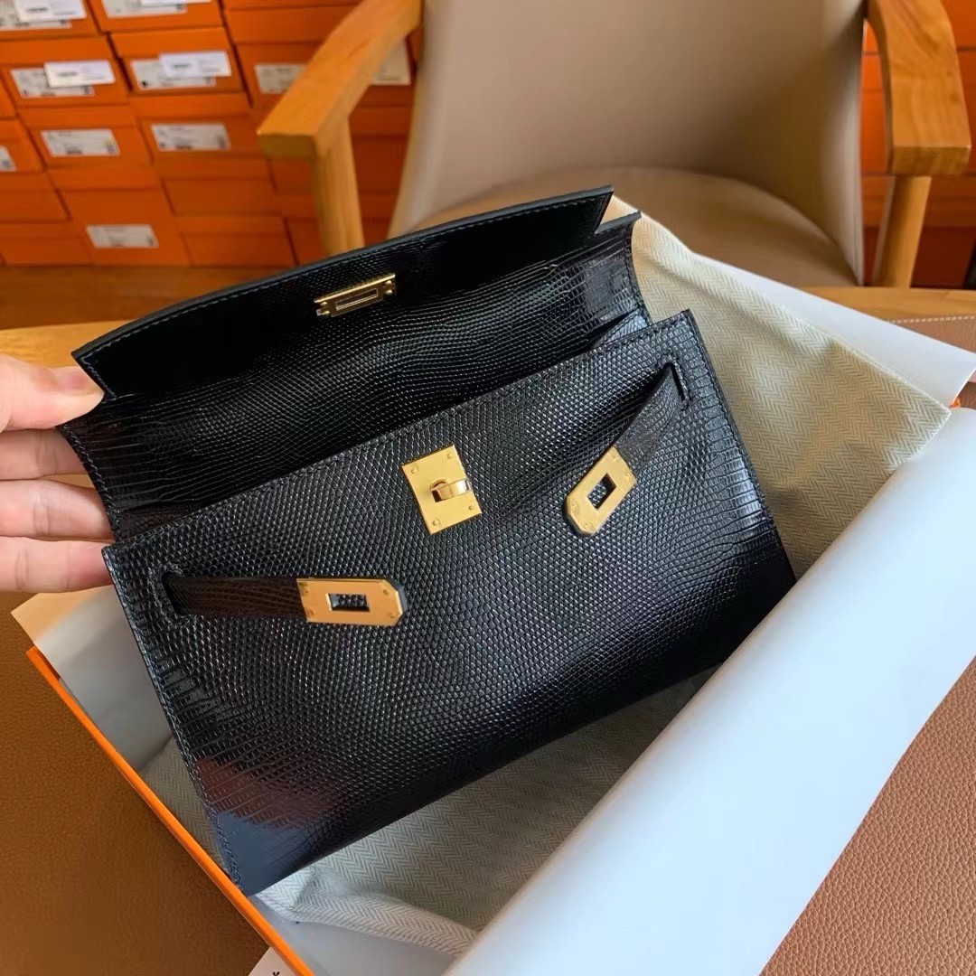 H**mes kelly pochette handmade bag in black lizard skin