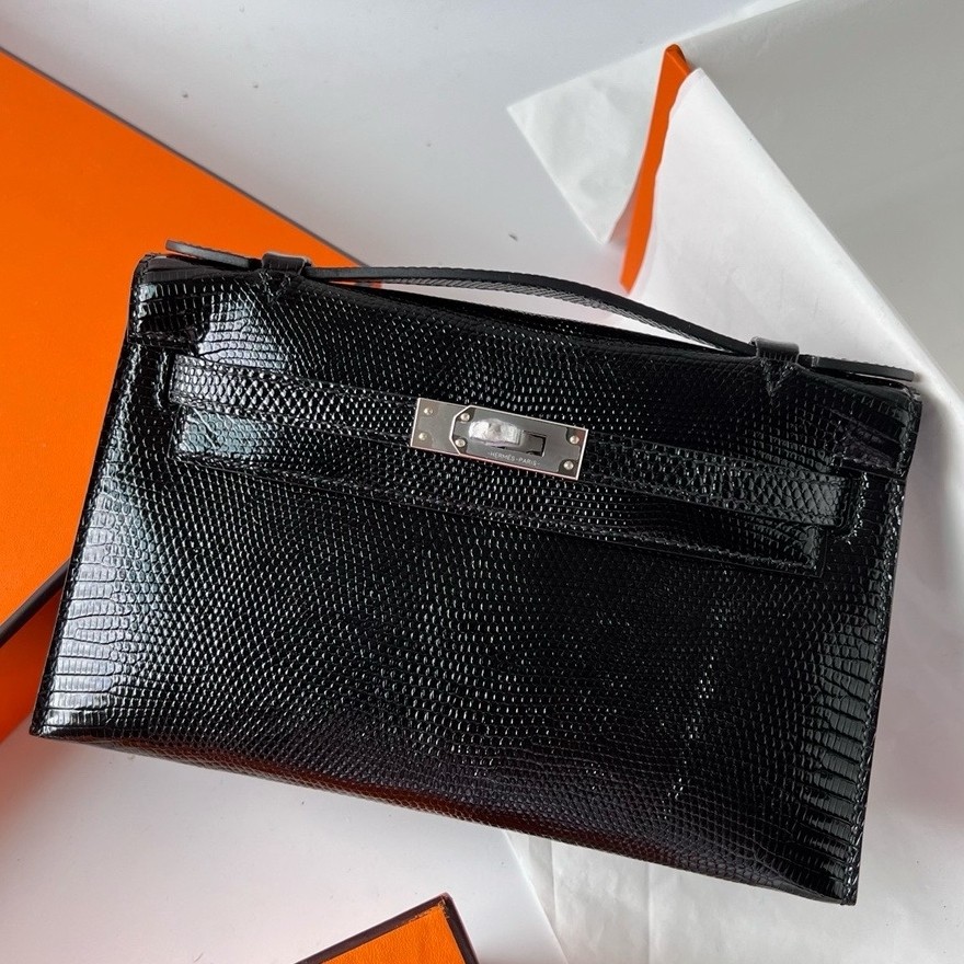 H**mes kelly pochette handmade bag in black lizard skin