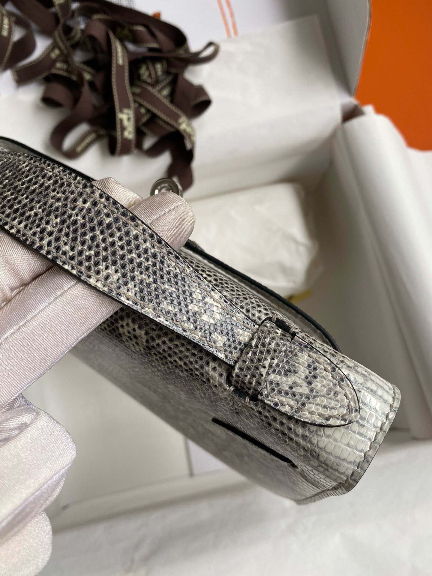 H**mes kelly pochette handmade bag in natural lizard skin