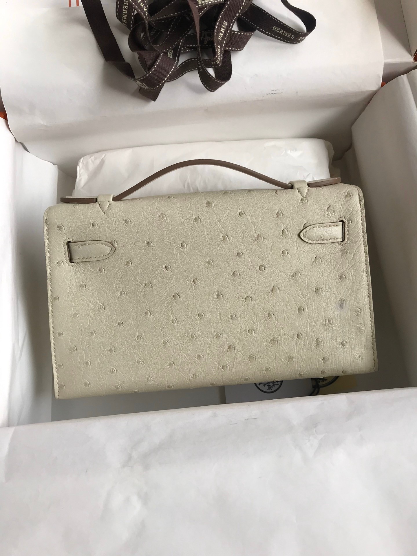 H**mes kelly pochette handmade bag in beton ostrich leather