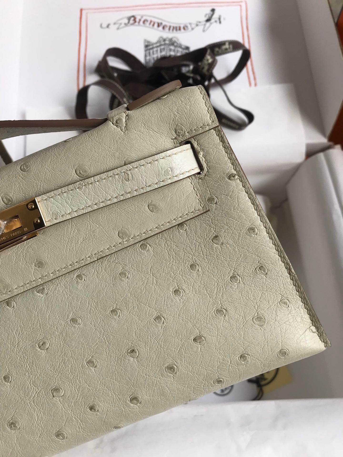 H**mes kelly pochette handmade bag in beton ostrich leather