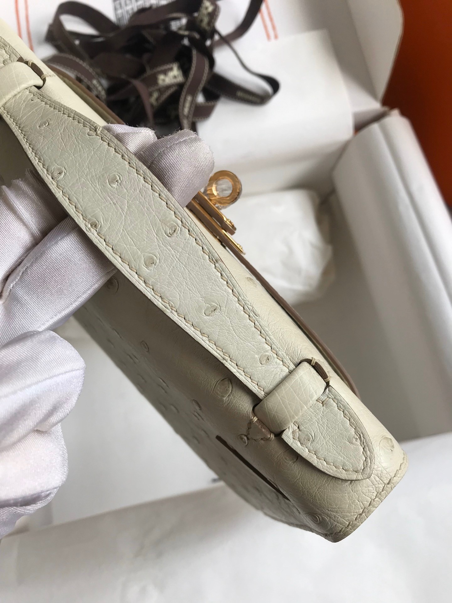 H**mes kelly pochette handmade bag in beton ostrich leather