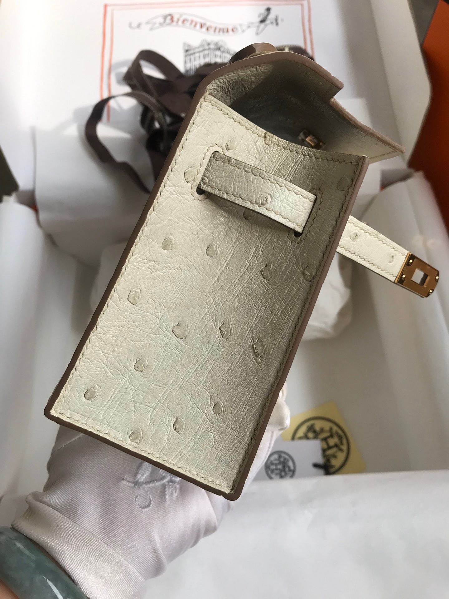 H**mes kelly pochette handmade bag in beton ostrich leather