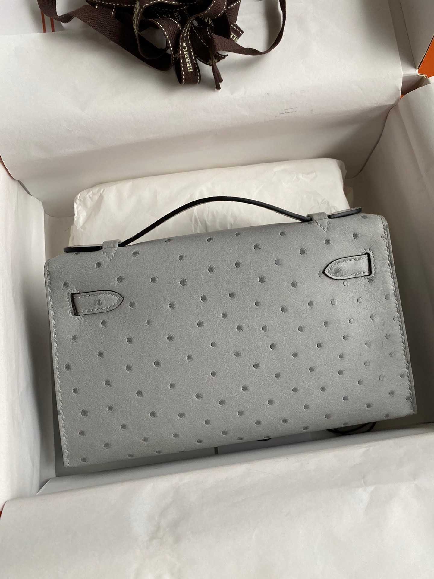 H**mes kelly pochette handmade bag in blue glacier ostrich leather