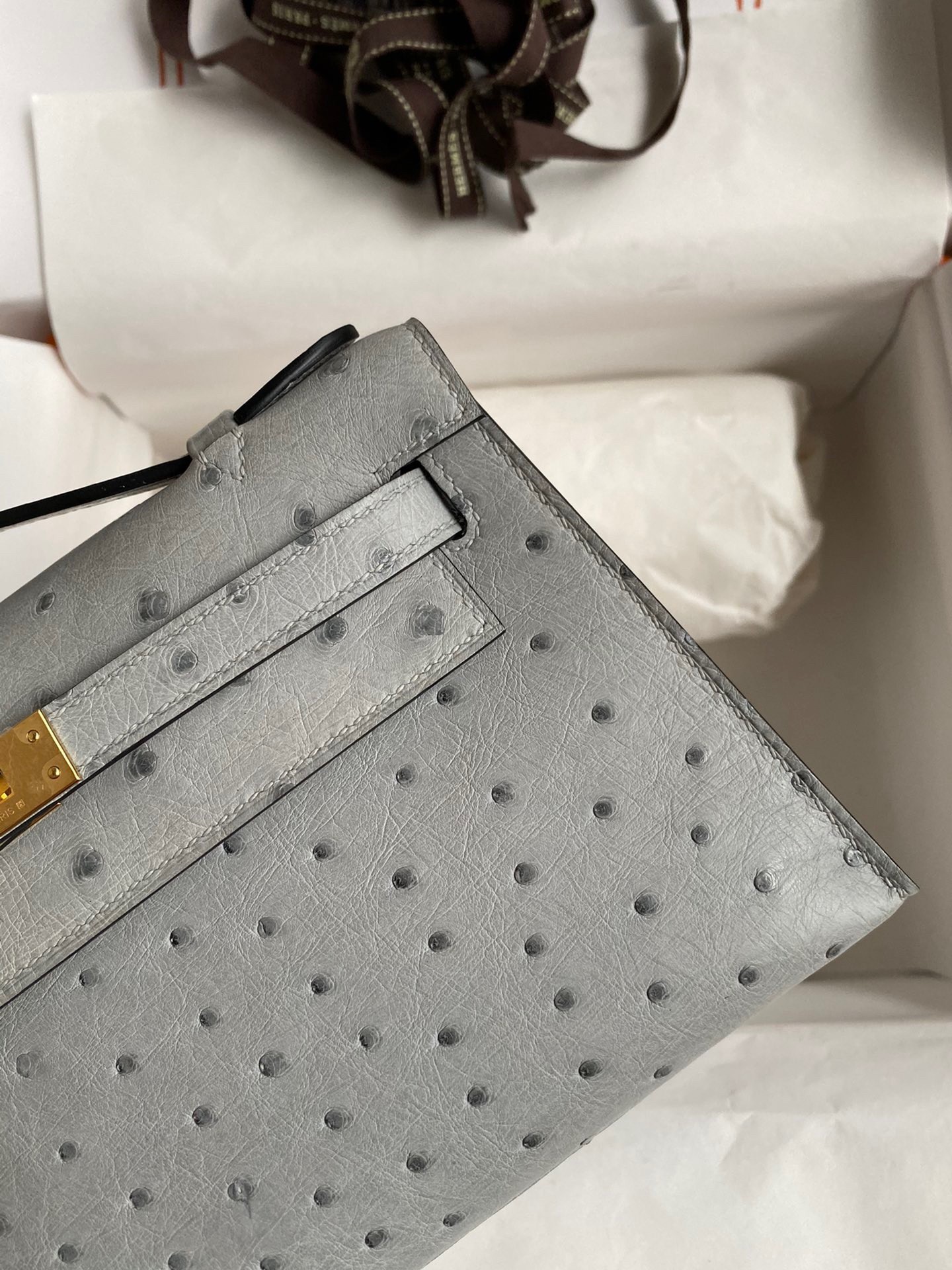 H**mes kelly pochette handmade bag in blue glacier ostrich leather
