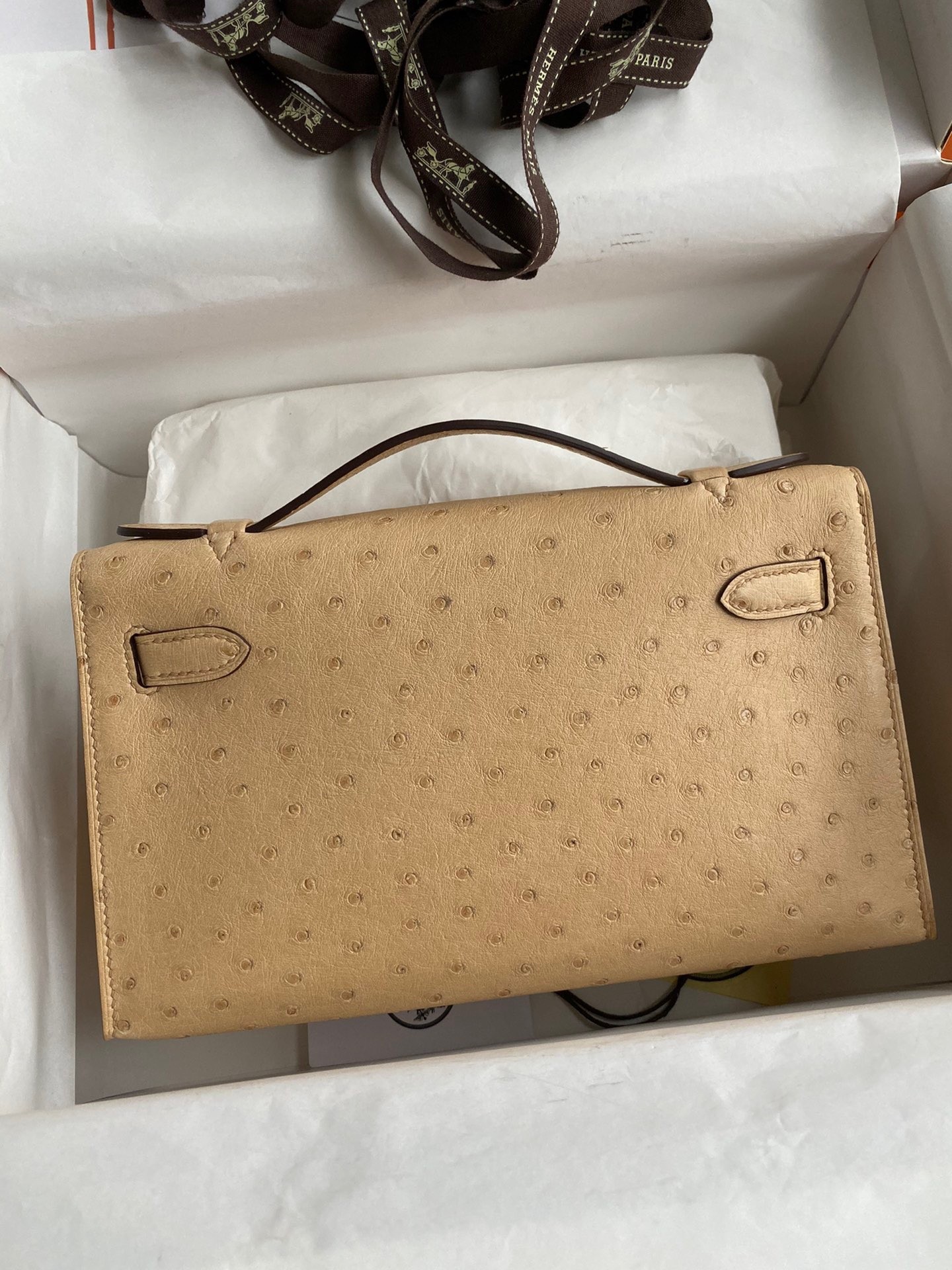H**mes kelly pochette handmade bag in chai ostrich leather