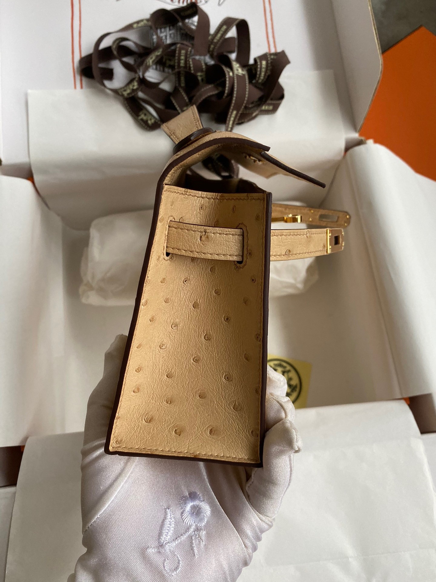 H**mes kelly pochette handmade bag in chai ostrich leather