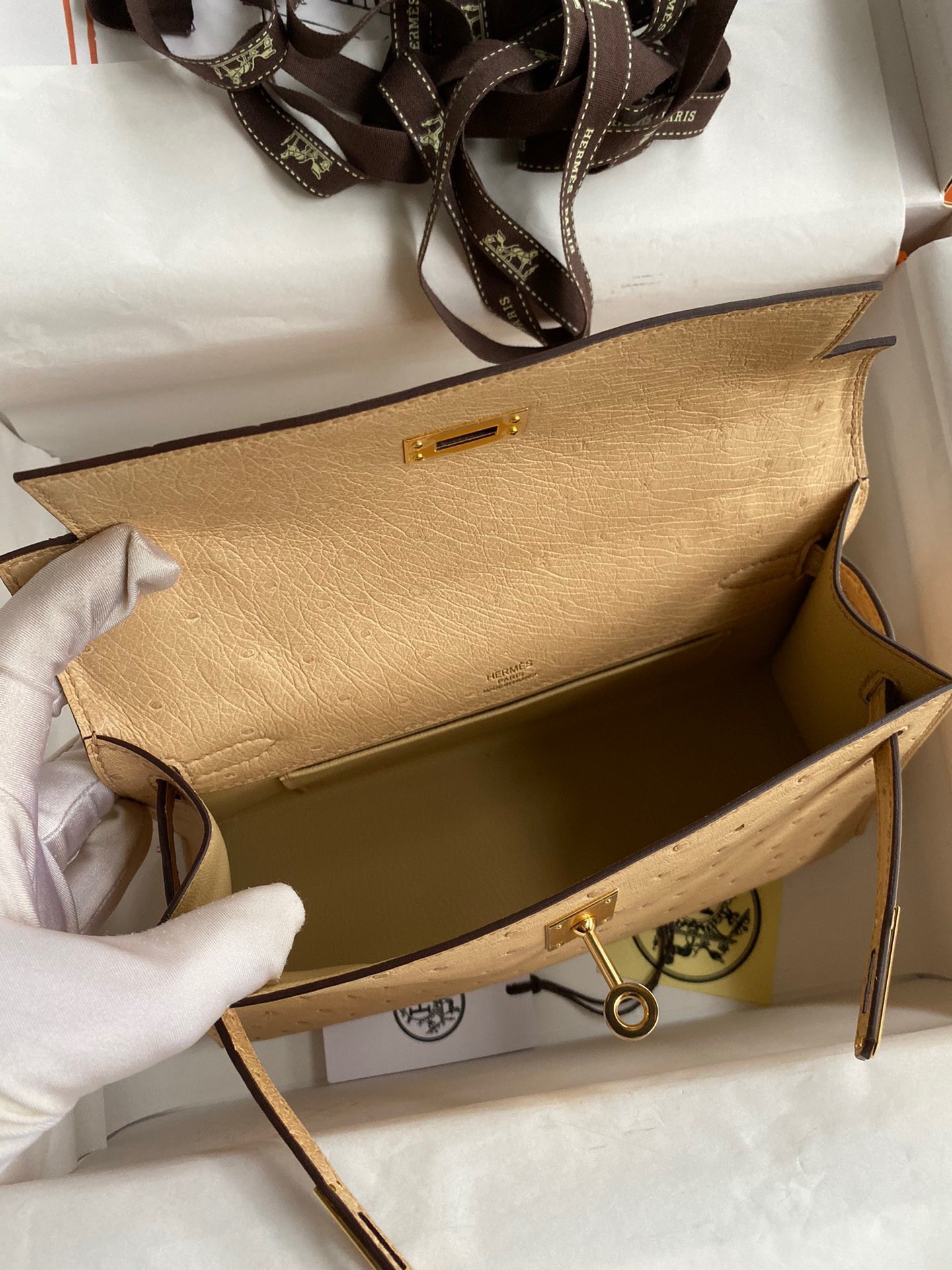 H**mes kelly pochette handmade bag in chai ostrich leather