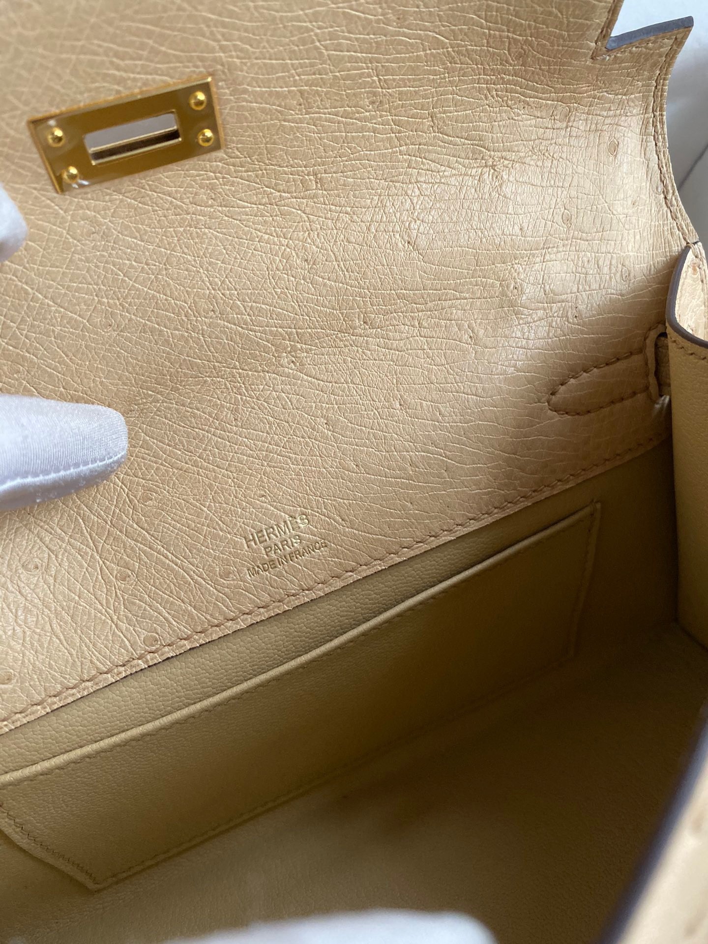 H**mes kelly pochette handmade bag in chai ostrich leather