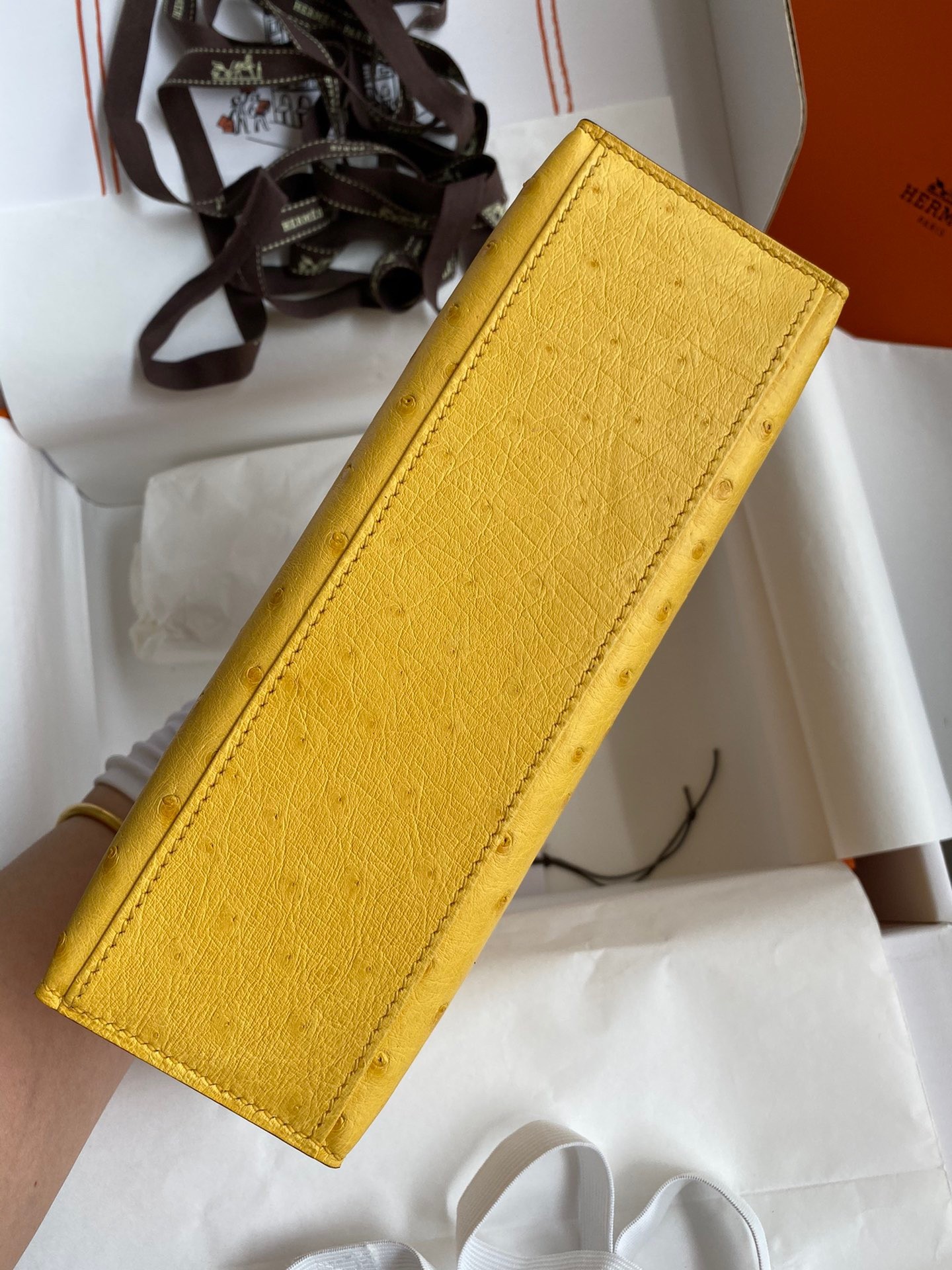 H**mes kelly pochette handmade bag in jaune ambre ostrich leather
