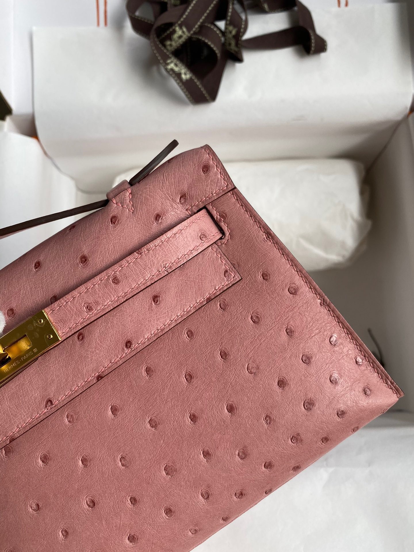 H**mes kelly pochette handmade bag in terre cuite ostrich leather