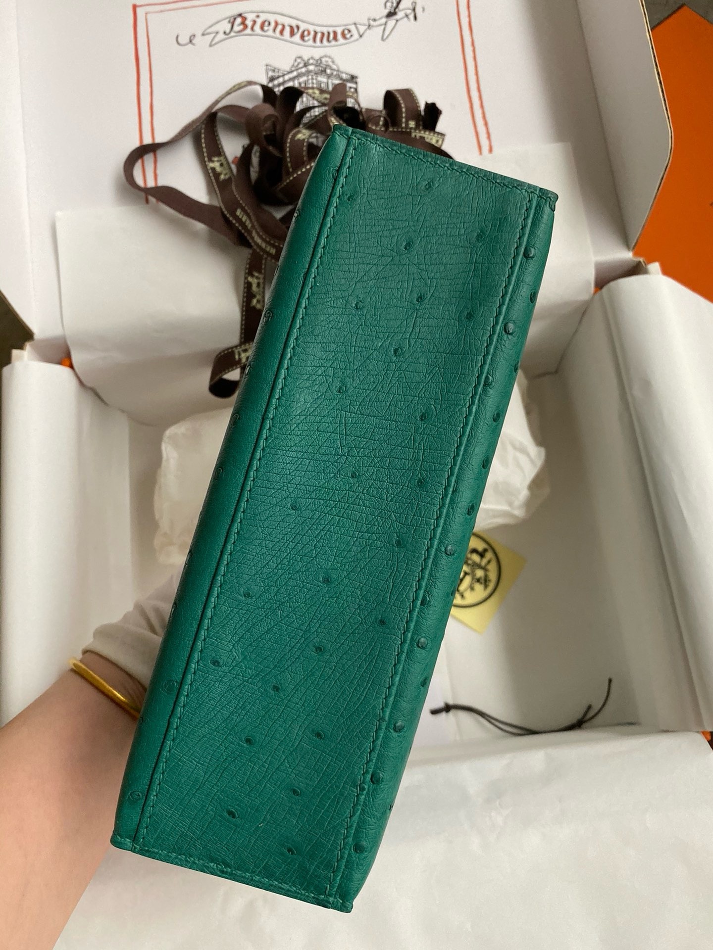 H**mes kelly pochette handmade bag in vert vertigo bordeaux ostrich leather