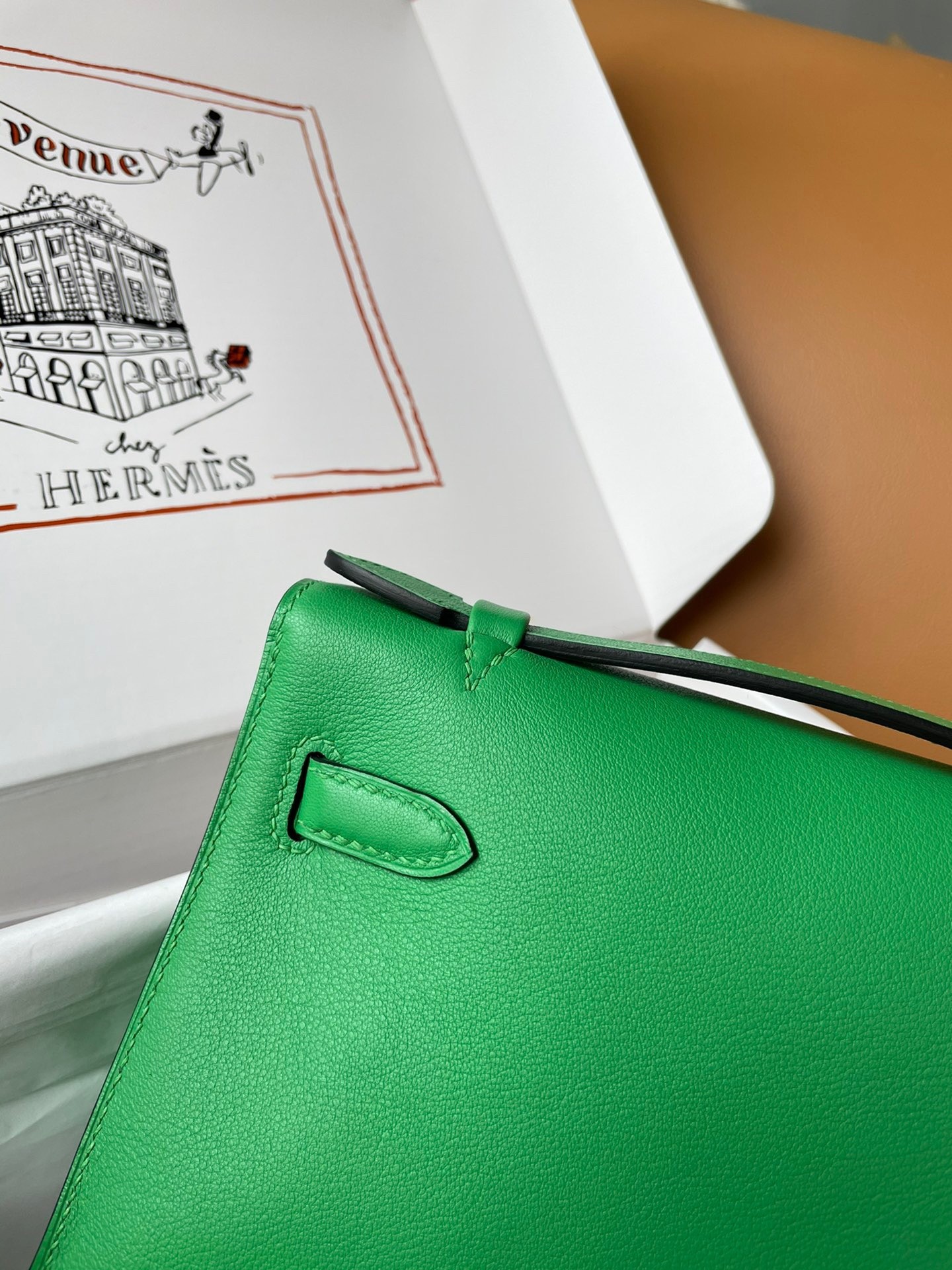 H**mes kelly pochette handmade bag in bamboo swift calfskin