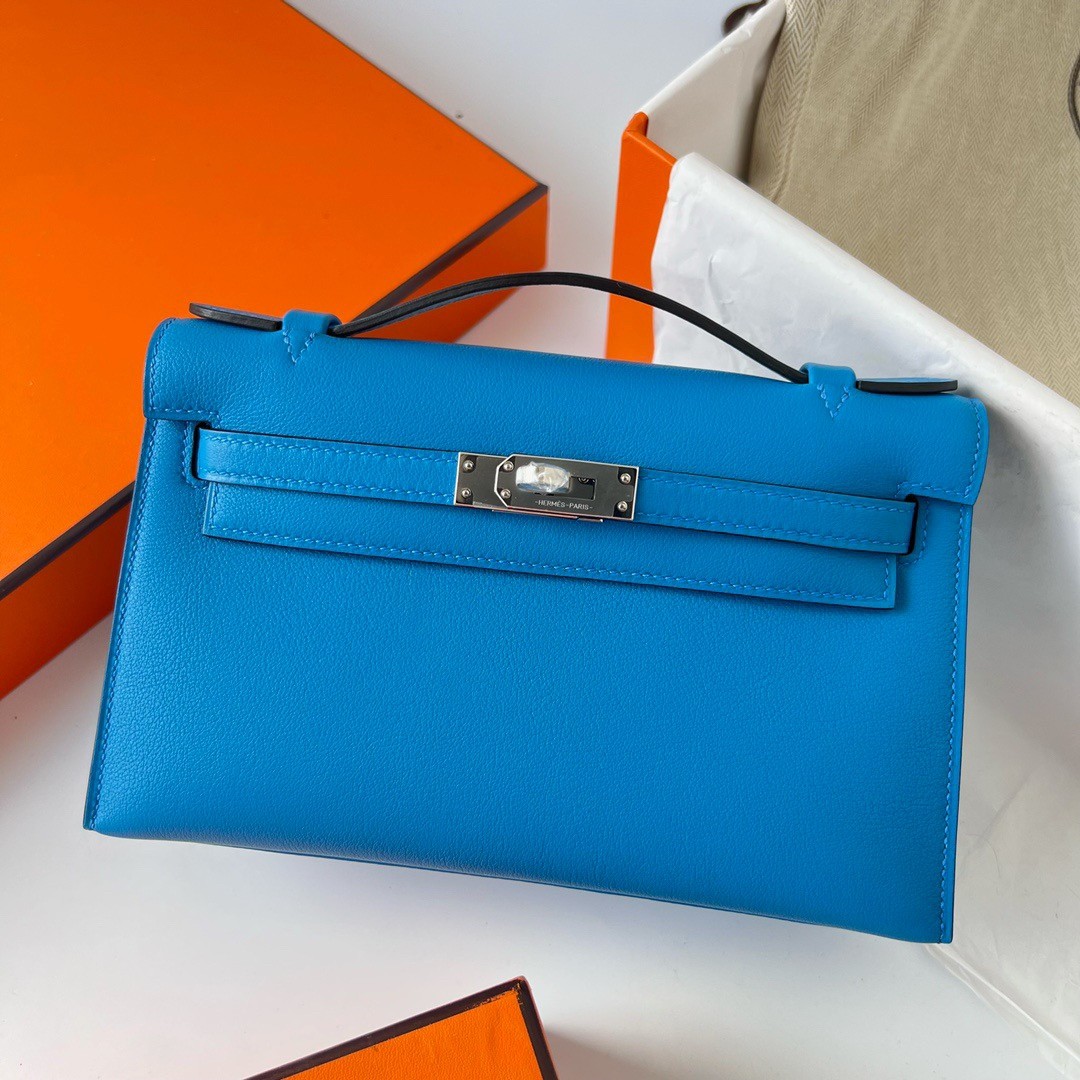 H**mes kelly pochette handmade bag in blue frida swift calfskin