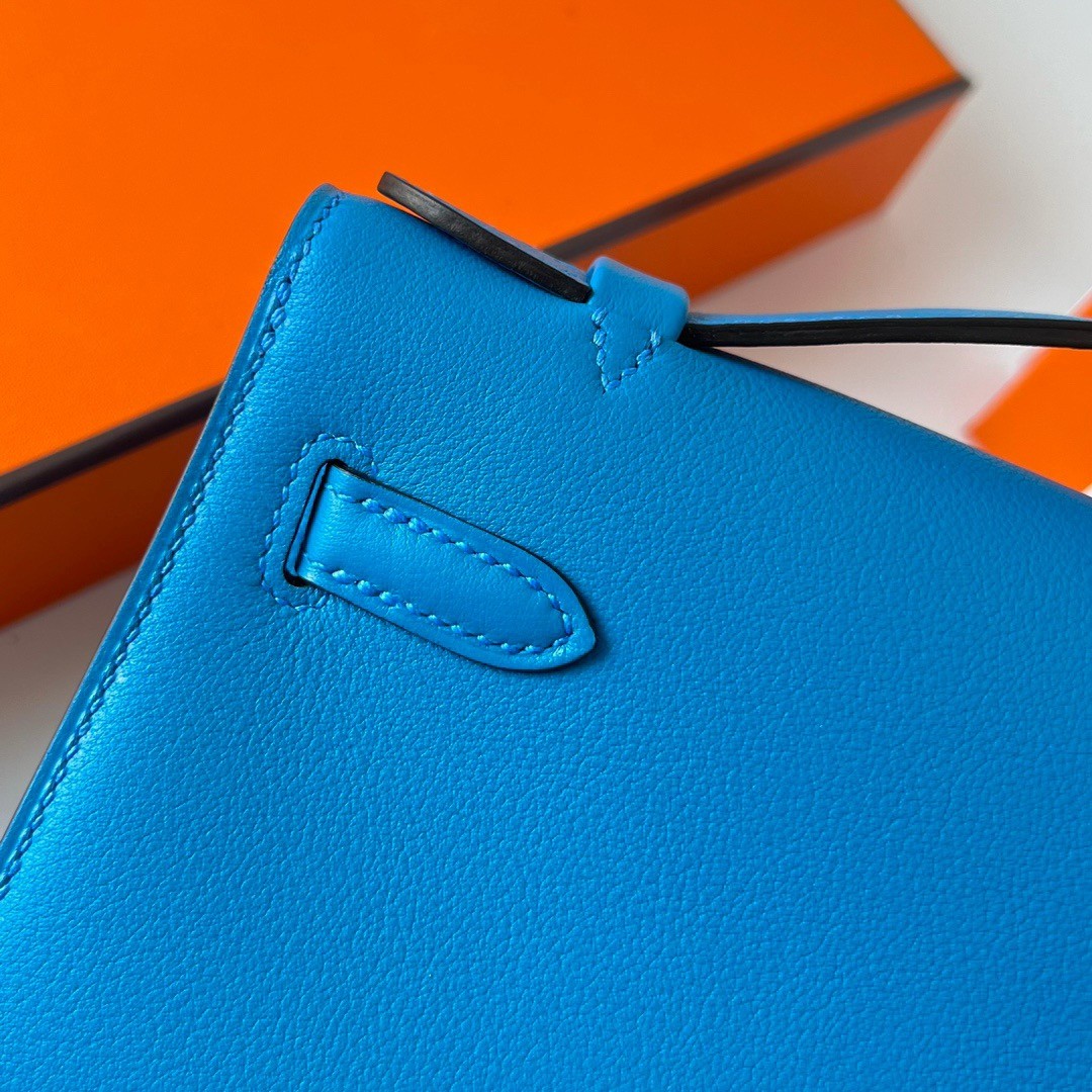 H**mes kelly pochette handmade bag in blue frida swift calfskin
