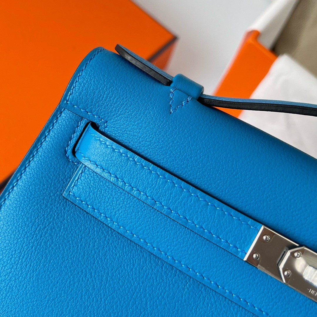 H**mes kelly pochette handmade bag in blue frida swift calfskin