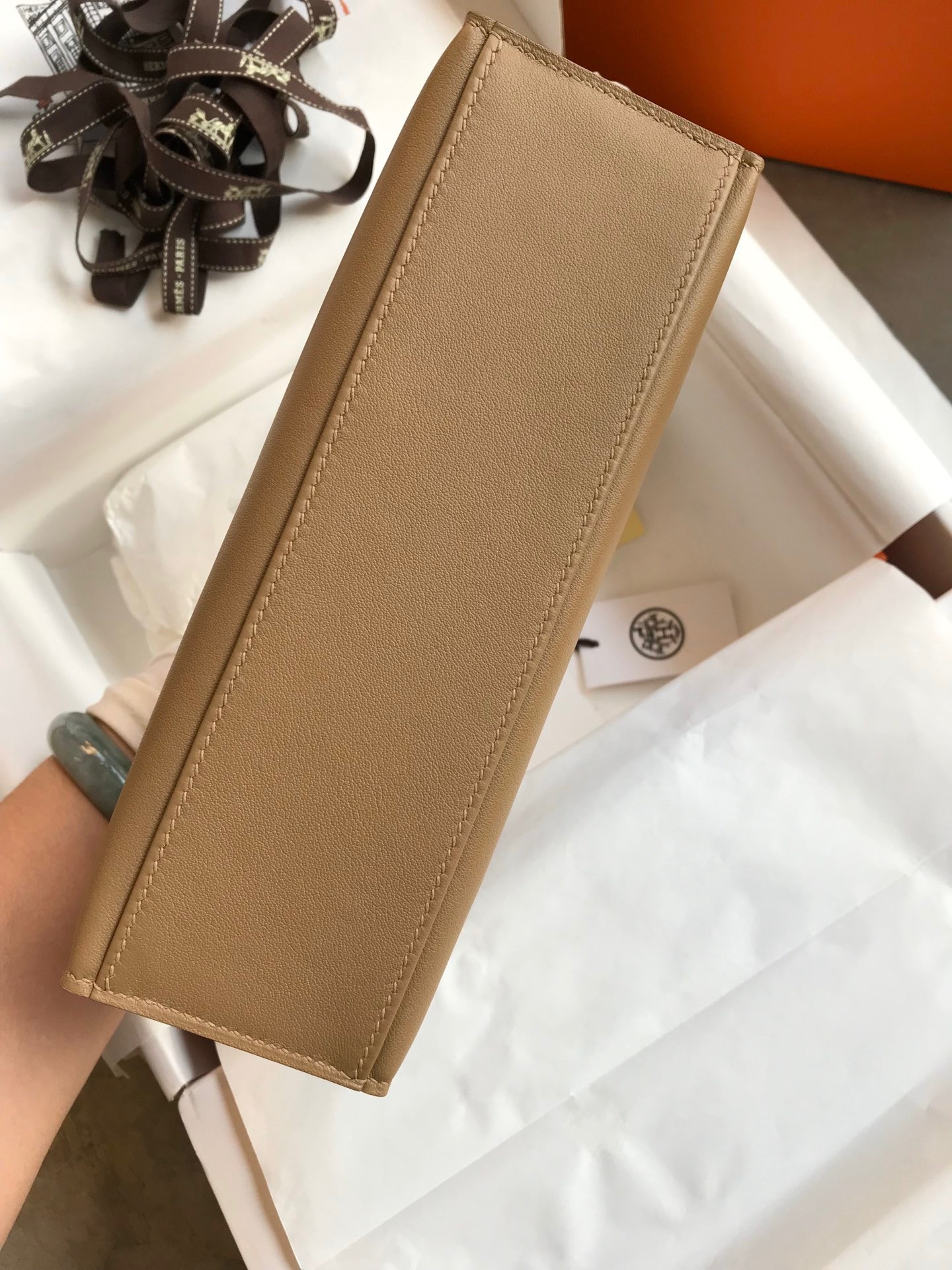 H**mes kelly pochette handmade bag in biscuit swift calfskin
