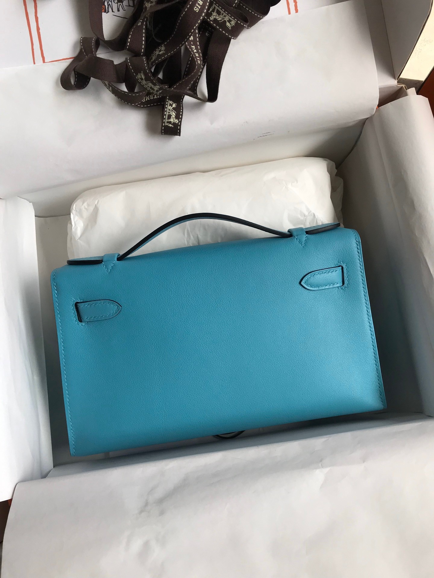 H**mes kelly pochette handmade bag in blue du nord swift calfskin