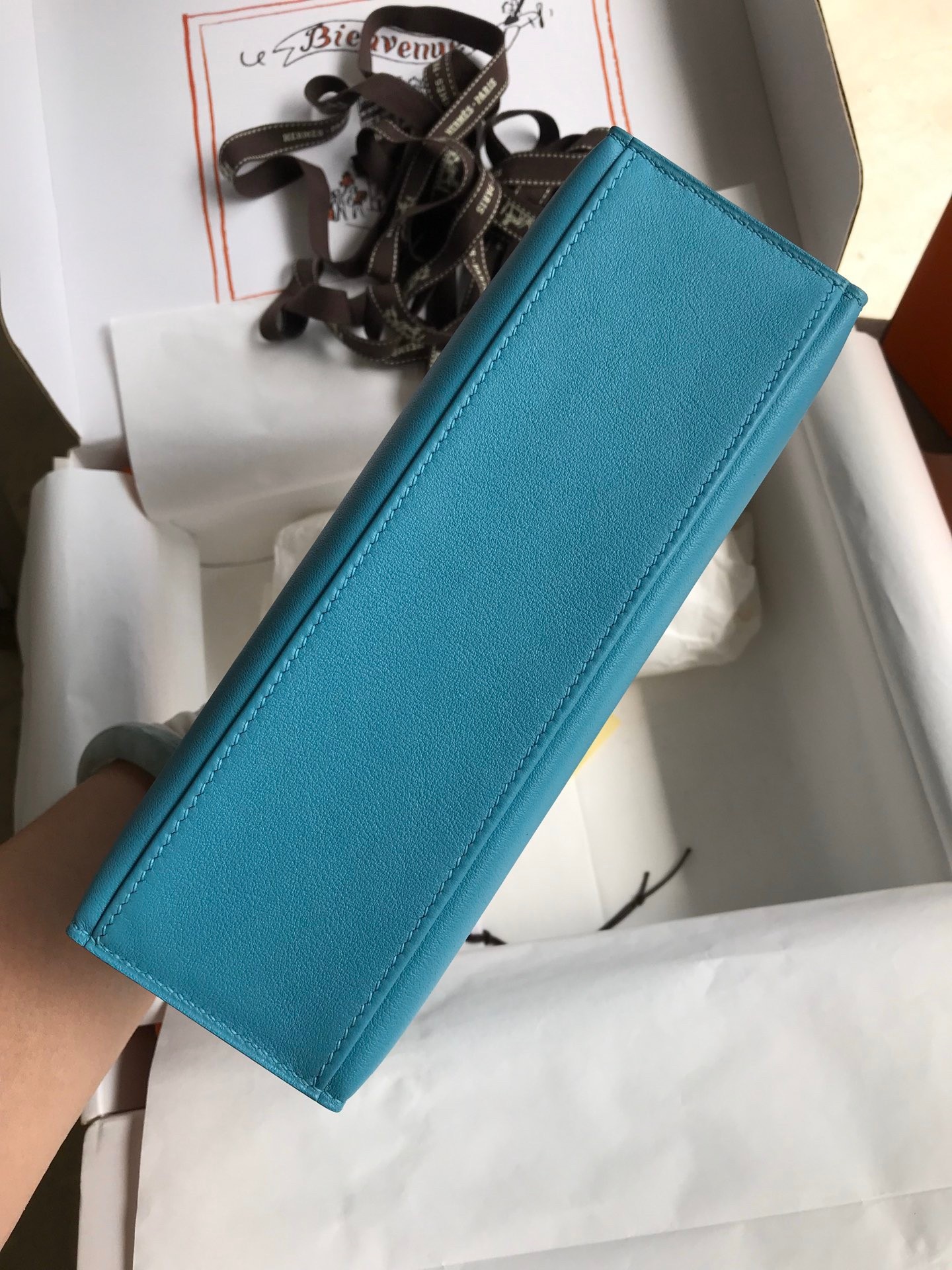 H**mes kelly pochette handmade bag in blue du nord swift calfskin