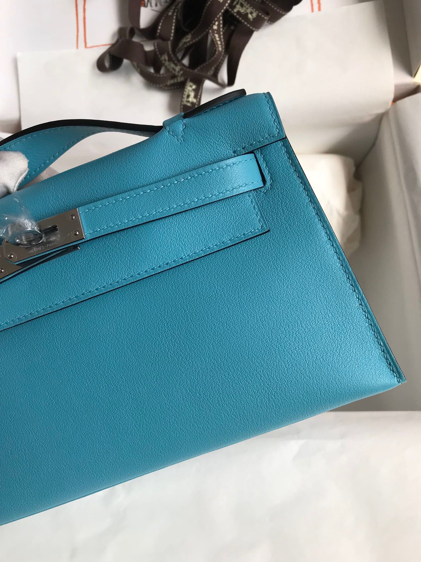 H**mes kelly pochette handmade bag in blue du nord swift calfskin