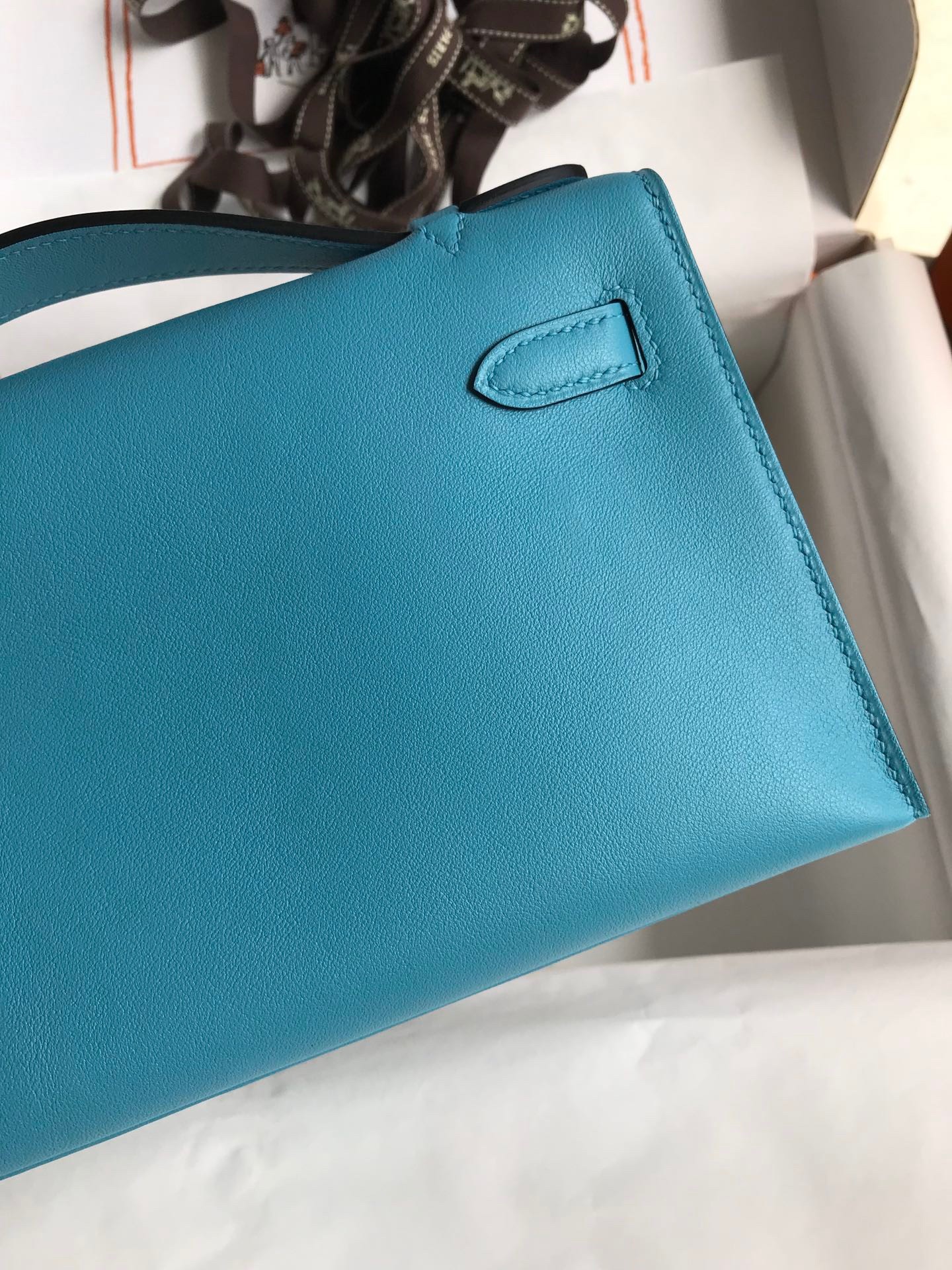 H**mes kelly pochette handmade bag in blue du nord swift calfskin