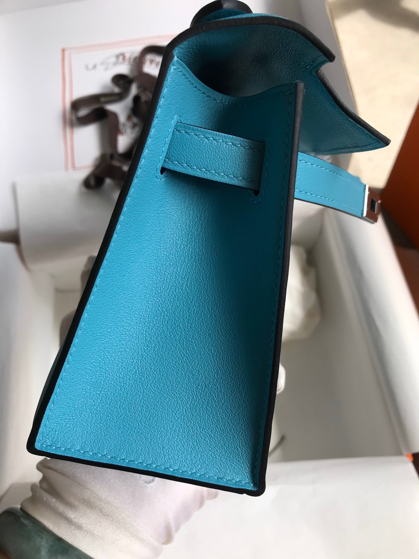 H**mes kelly pochette handmade bag in blue du nord swift calfskin