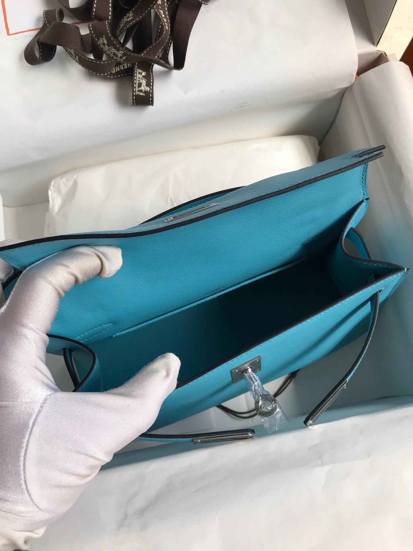 H**mes kelly pochette handmade bag in blue du nord swift calfskin