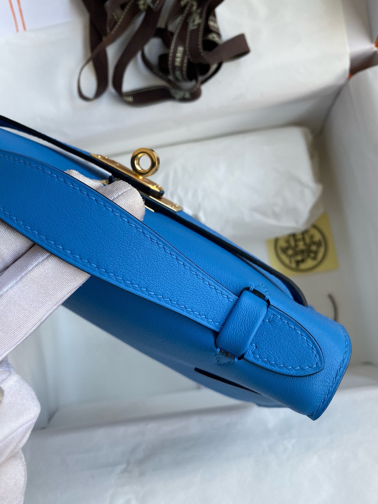 H**mes kelly pochette handmade bag in blue zanzibar swift calfskin