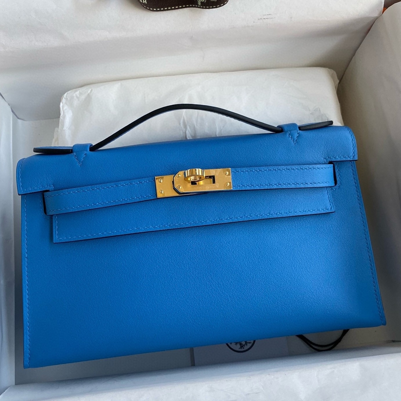 H**mes kelly pochette handmade bag in blue zanzibar swift calfskin