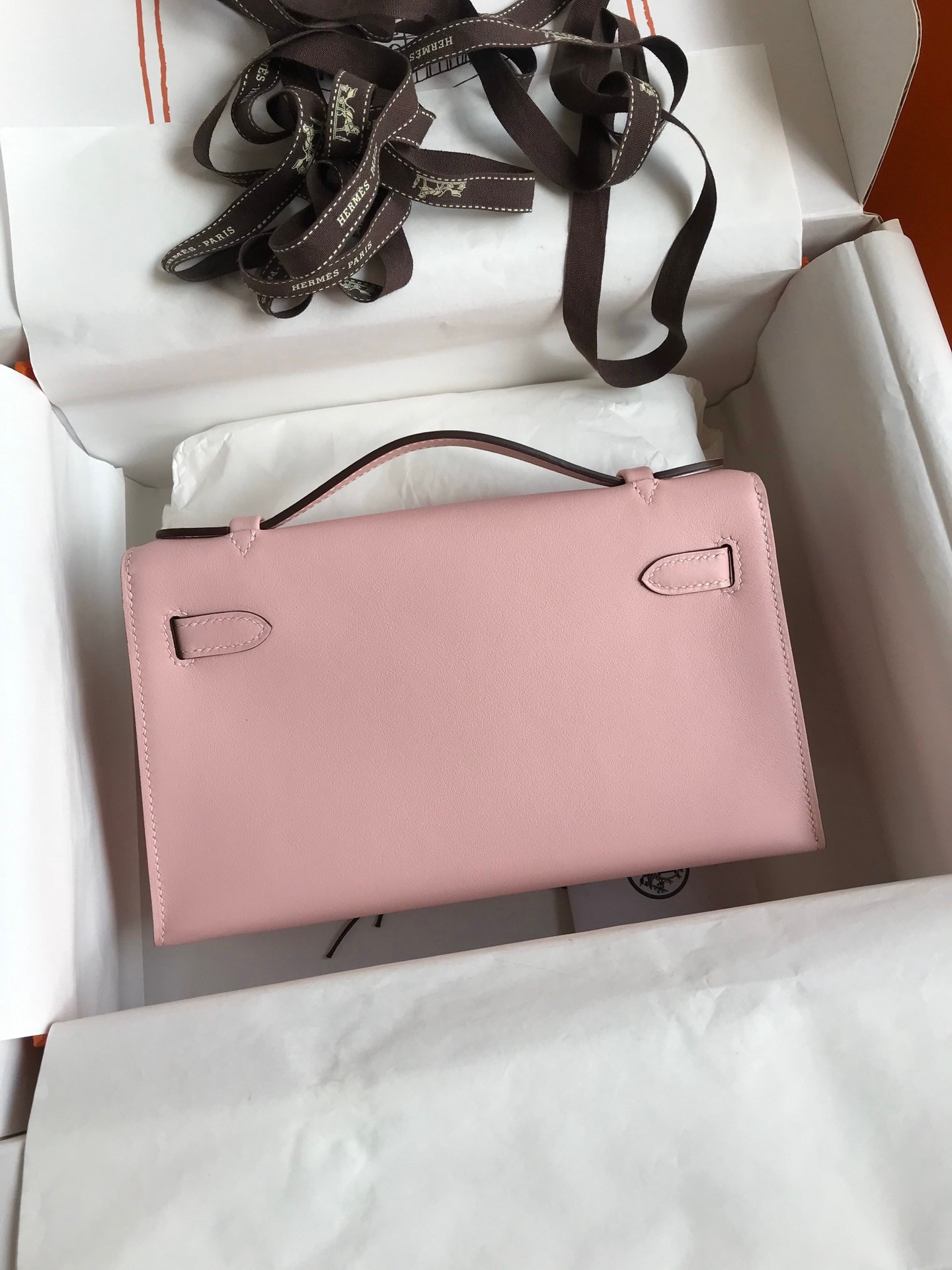 H**mes kelly pochette handmade bag in rose sakura swift calfskin