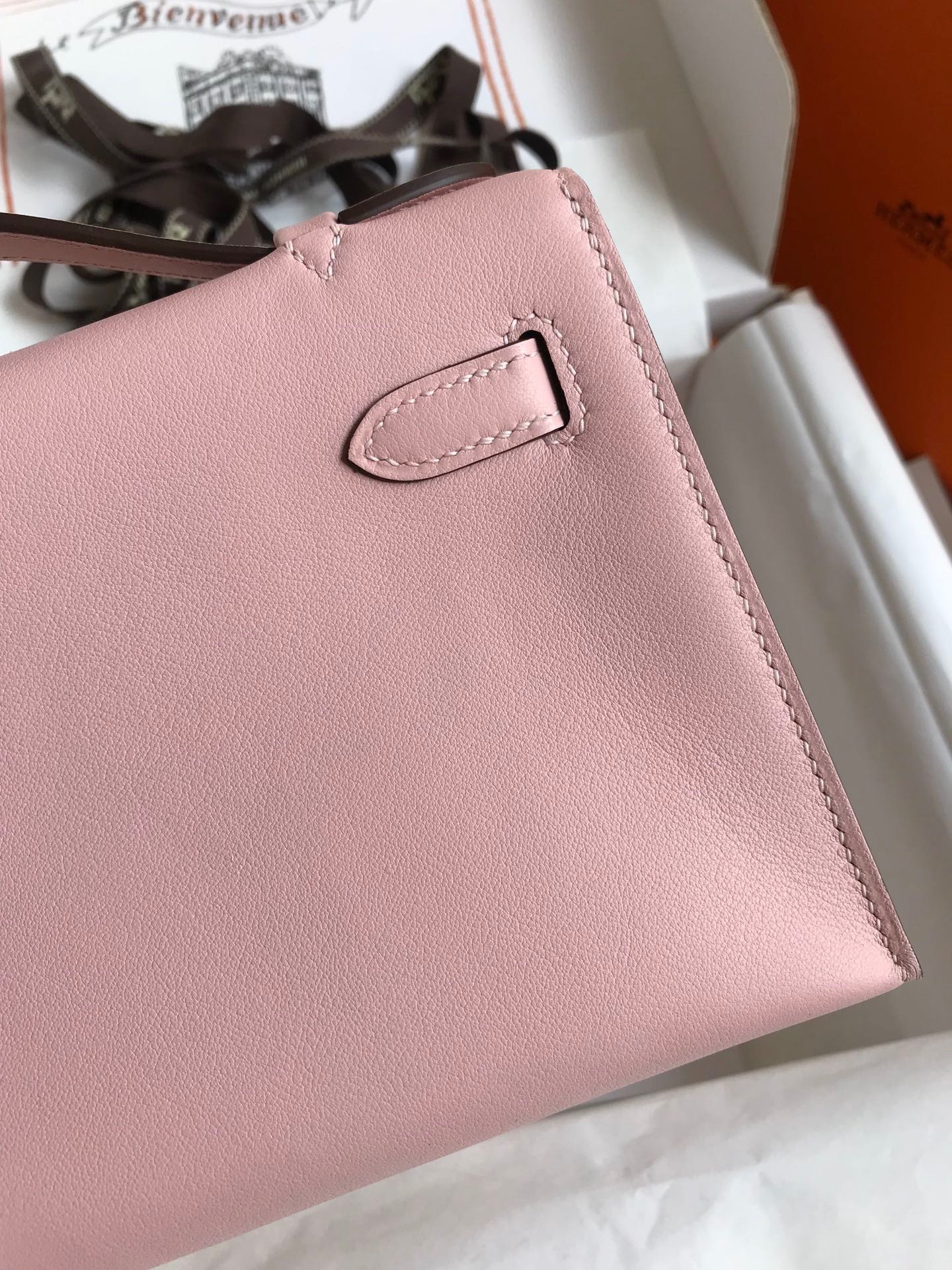 H**mes kelly pochette handmade bag in rose sakura swift calfskin