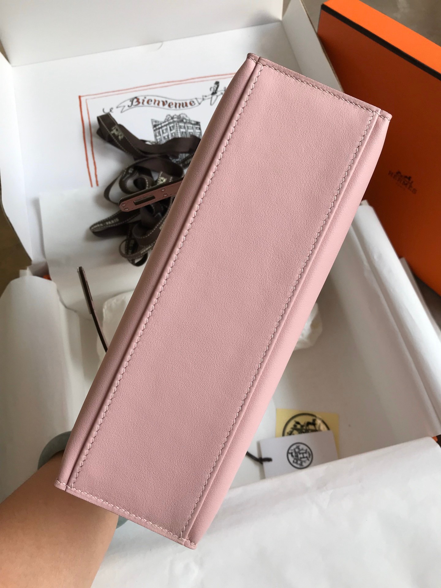 H**mes kelly pochette handmade bag in rose sakura swift calfskin