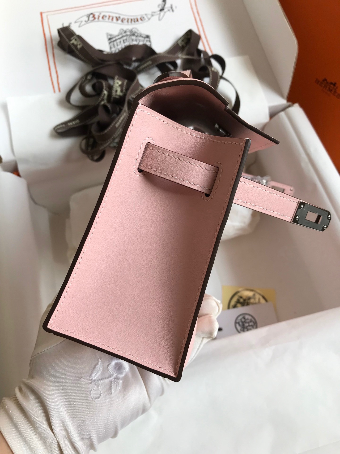 H**mes kelly pochette handmade bag in rose sakura swift calfskin