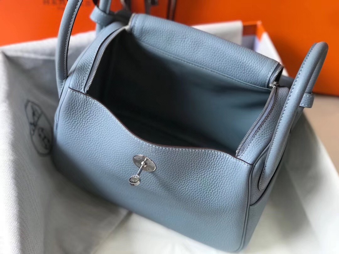 H**mes blue lin clemence lindy 30cm bag with phw