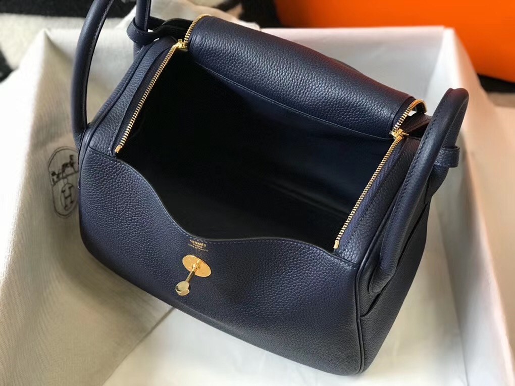 H**mes dark blue clemence lindy 30cm bag with ghw