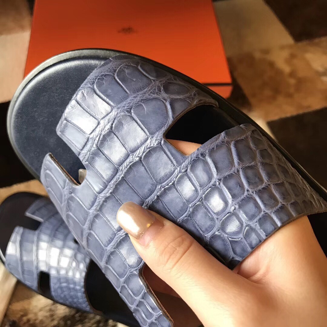 H**mes izmir sandals in blue matte niloticus crocodile