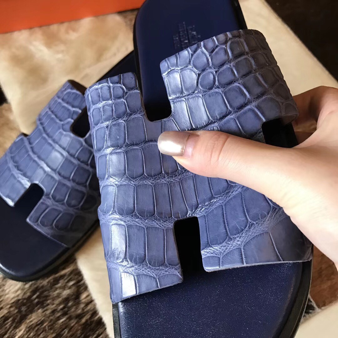 H**mes izmir sandals in blue matte niloticus crocodile