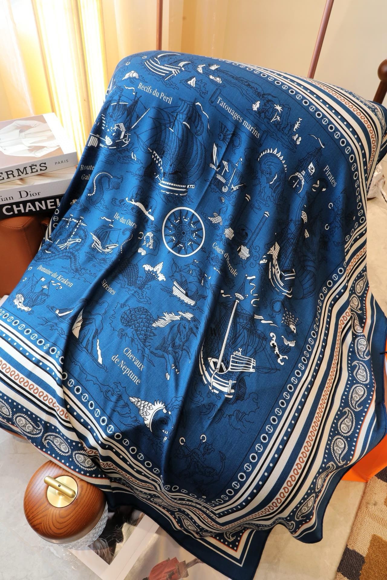 H**mes blue tatouages marins bandana shawl 140