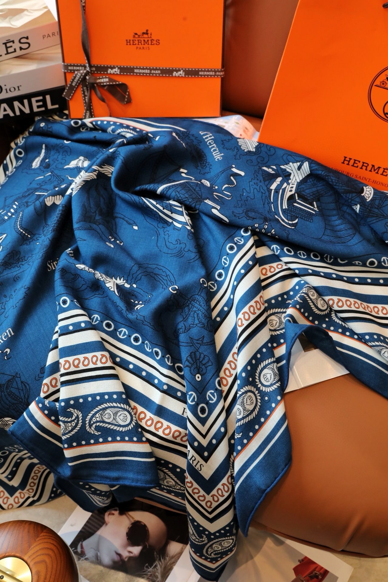 H**mes blue tatouages marins bandana shawl 140