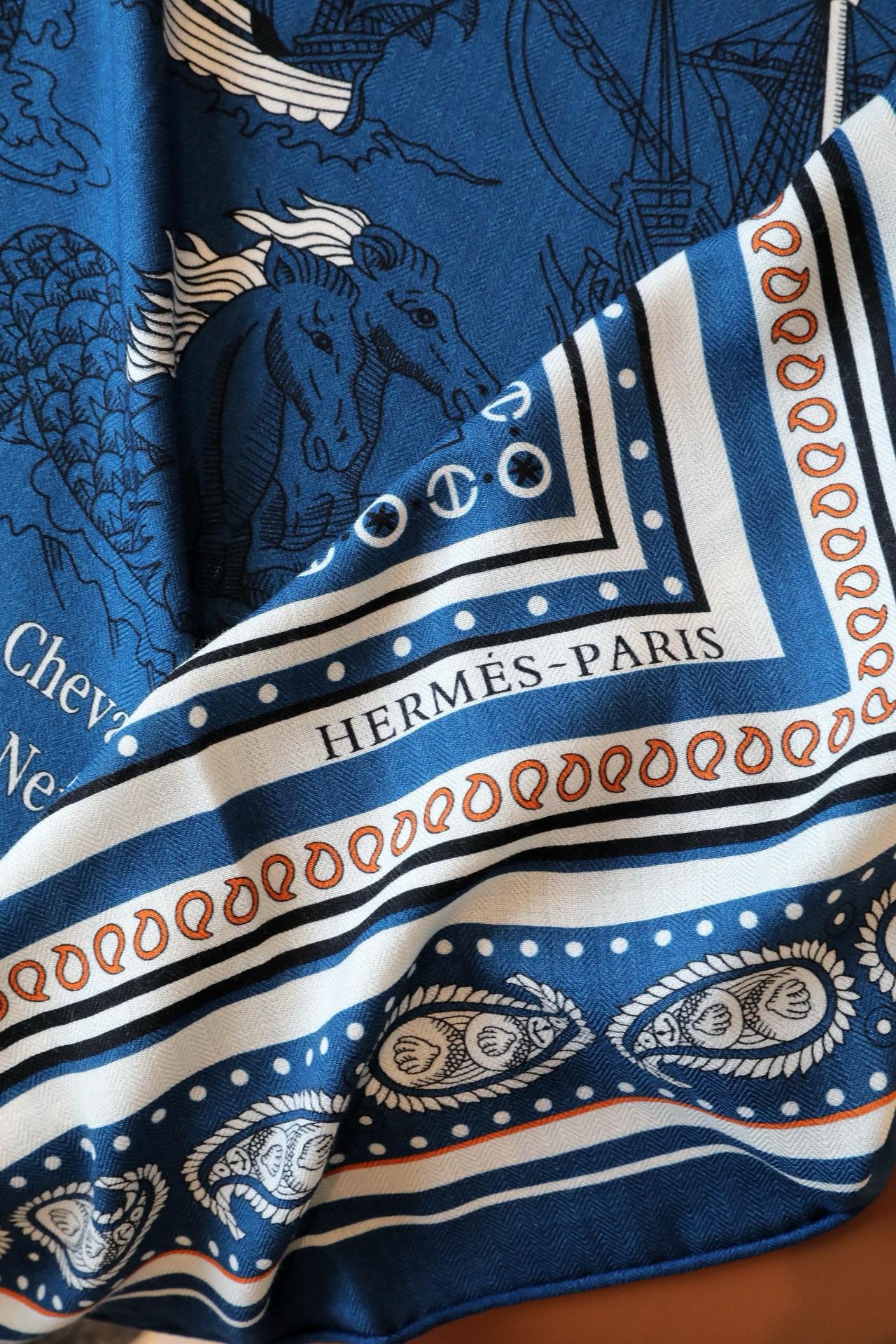 H**mes blue tatouages marins bandana shawl 140