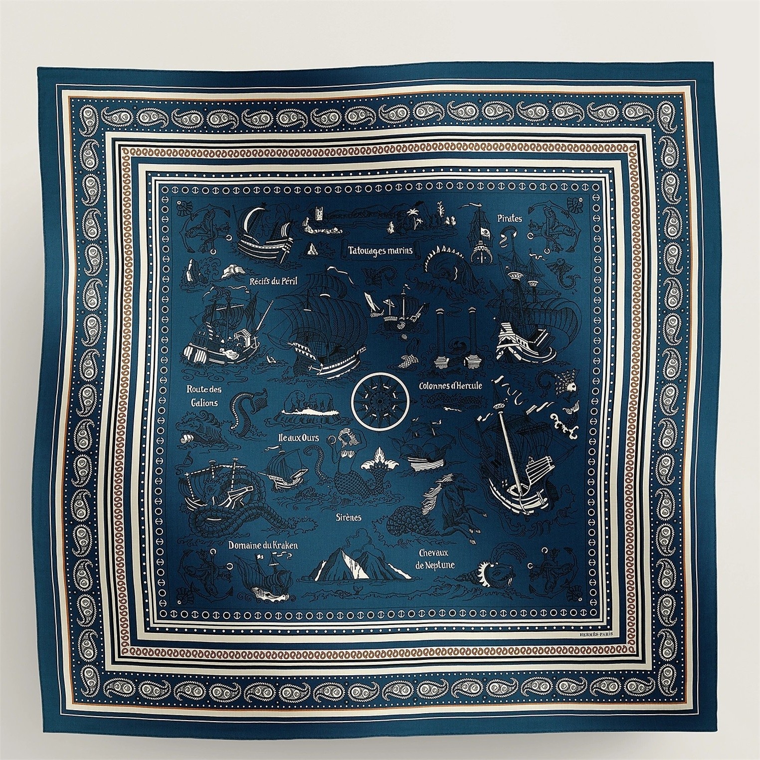 H**mes blue tatouages marins bandana shawl 140