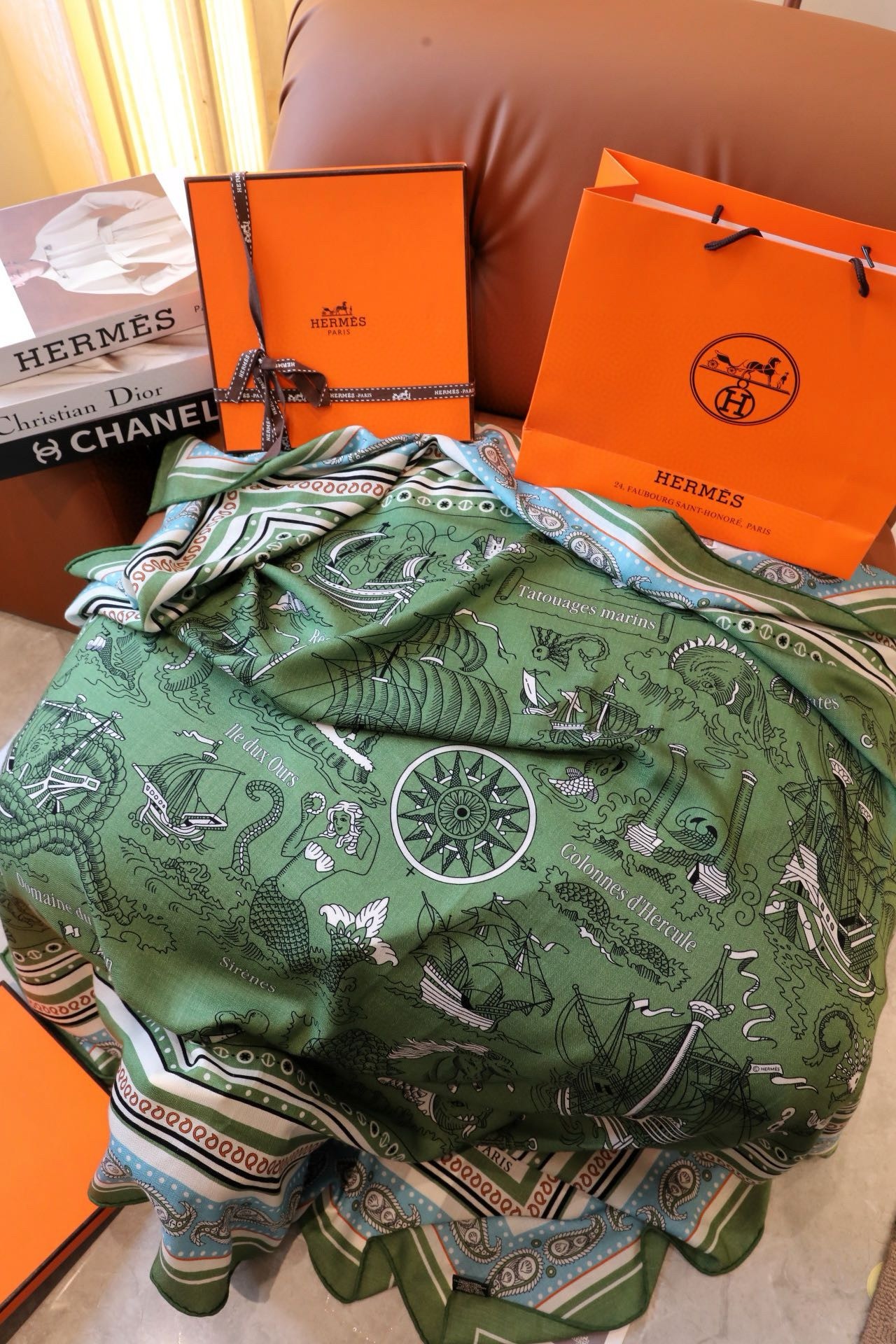 H**mes green tatouages marins bandana shawl 140