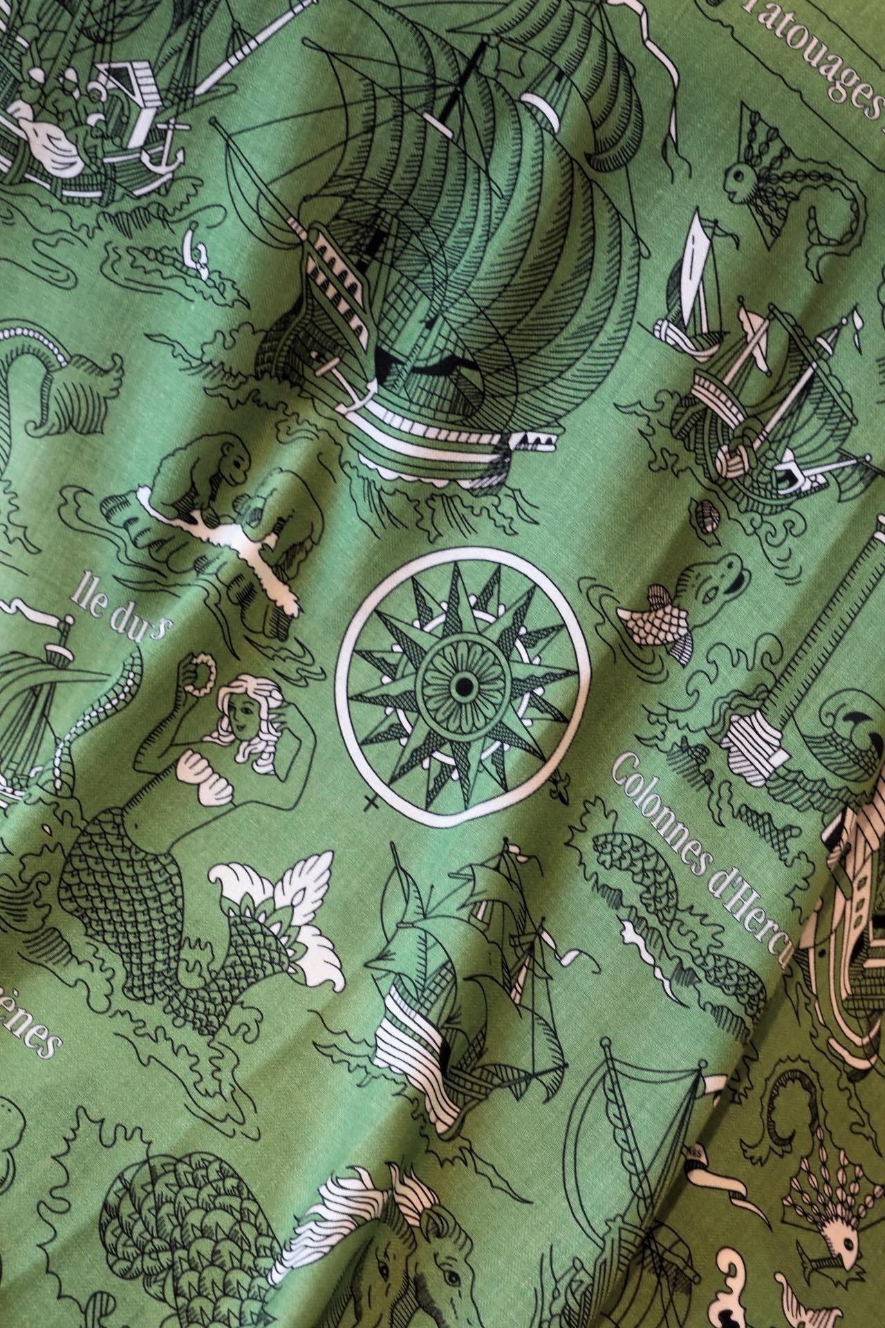 H**mes green tatouages marins bandana shawl 140
