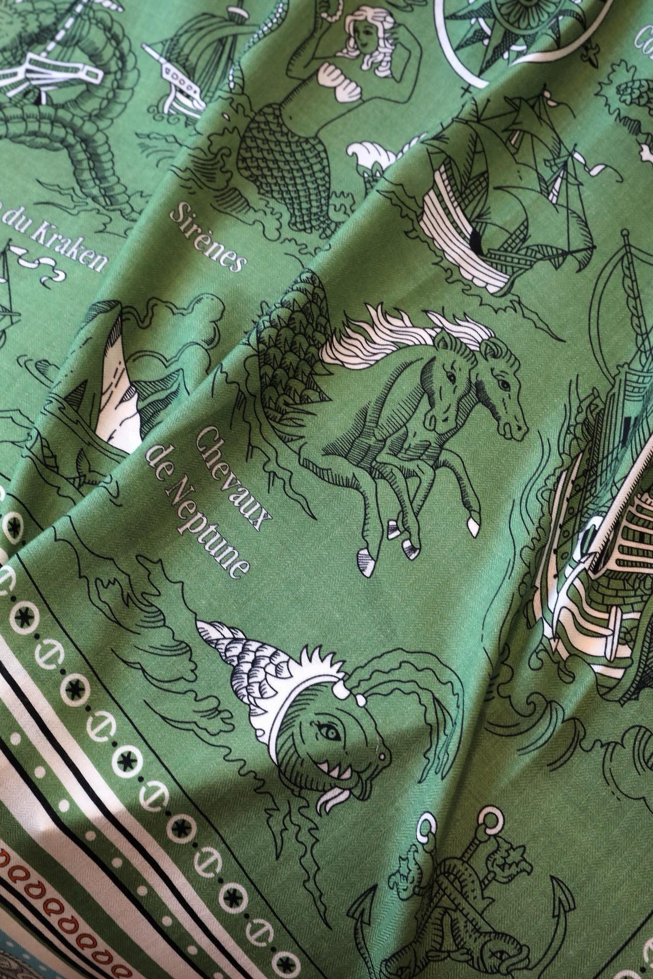 H**mes green tatouages marins bandana shawl 140