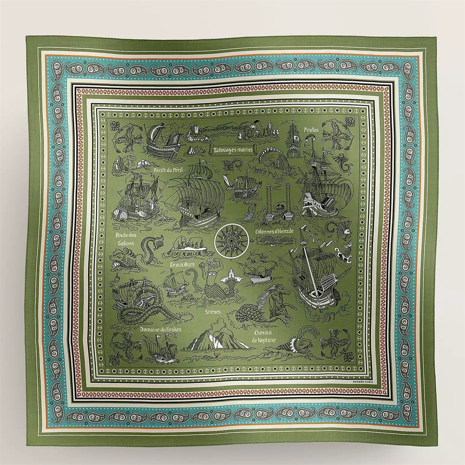 H**mes green tatouages marins bandana shawl 140