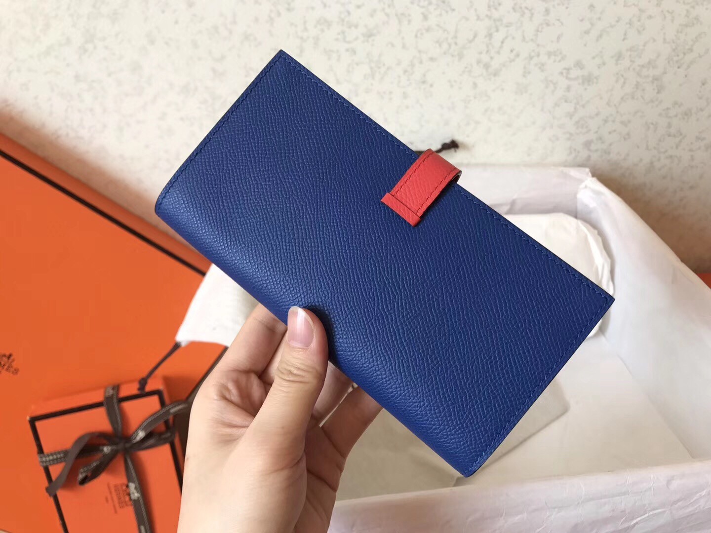 H**mes bi-color epsom bearn wallet electric blue/piment