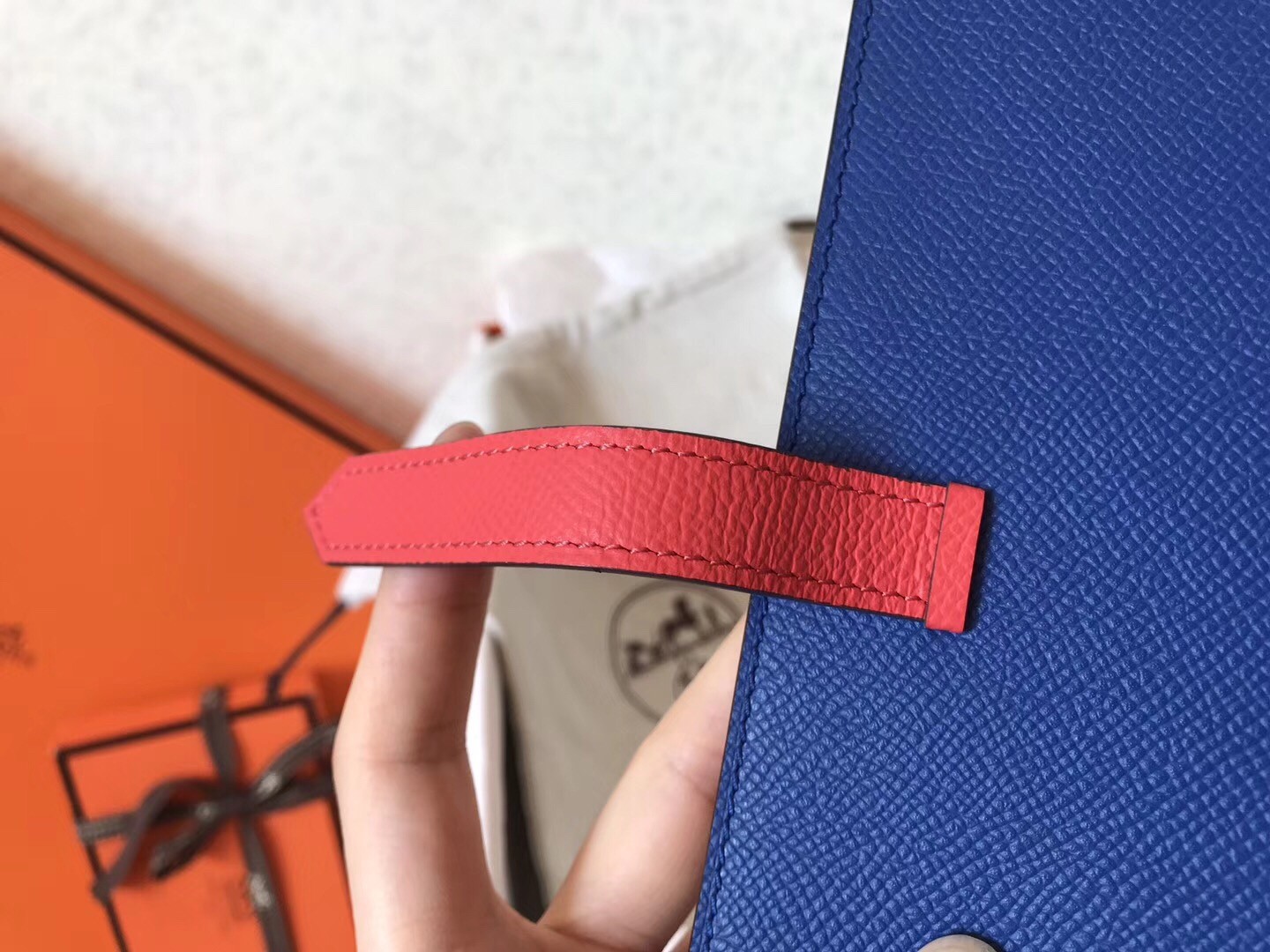 H**mes bi-color epsom bearn wallet electric blue/piment