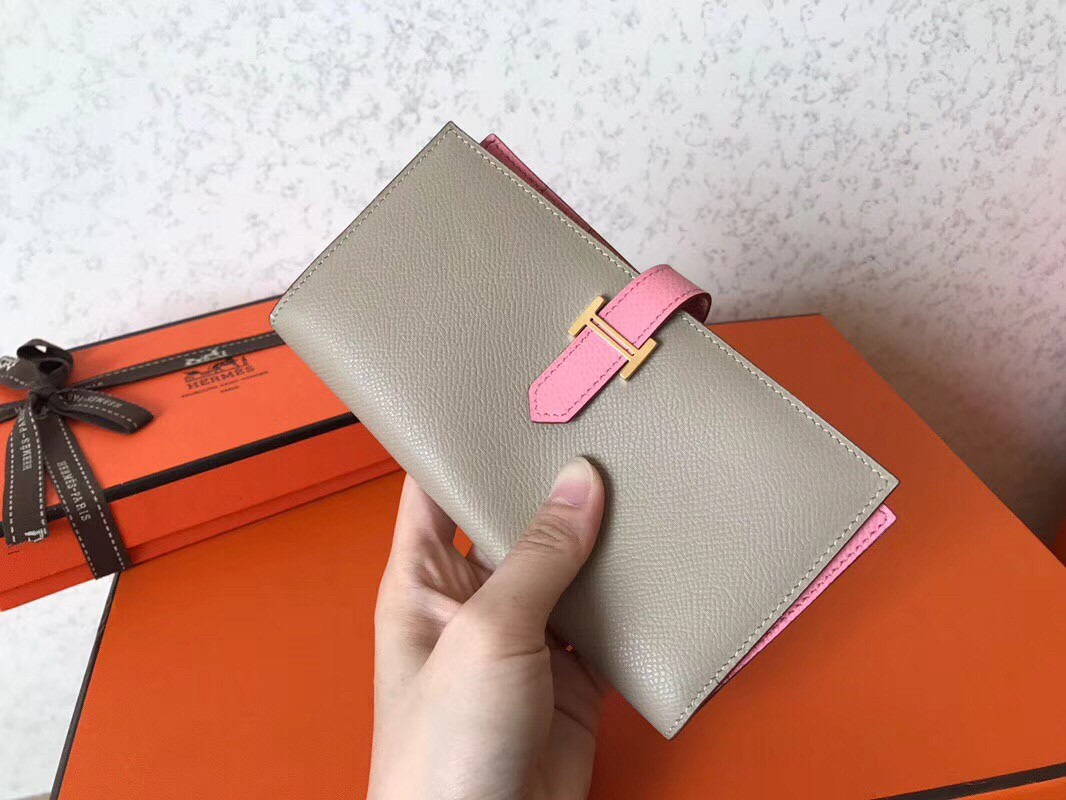 H**mes bi-color epsom bearn wallet grey/pink